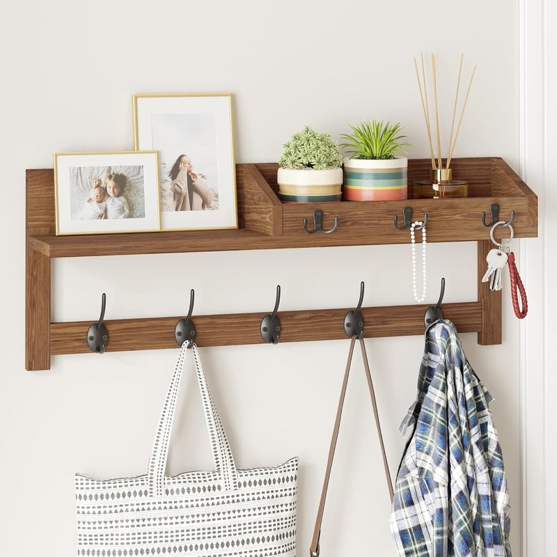 AMBIRD Wall Hooks with Shelf, 26.57 Inch Entryway Wood Coat Hooks for Wall with Shelf, Coat Rack Wall Mount with 5 Dual Hooks 3 Key Hooks Mail Organizer and Key Rack Holder (Brown) - Image 1
